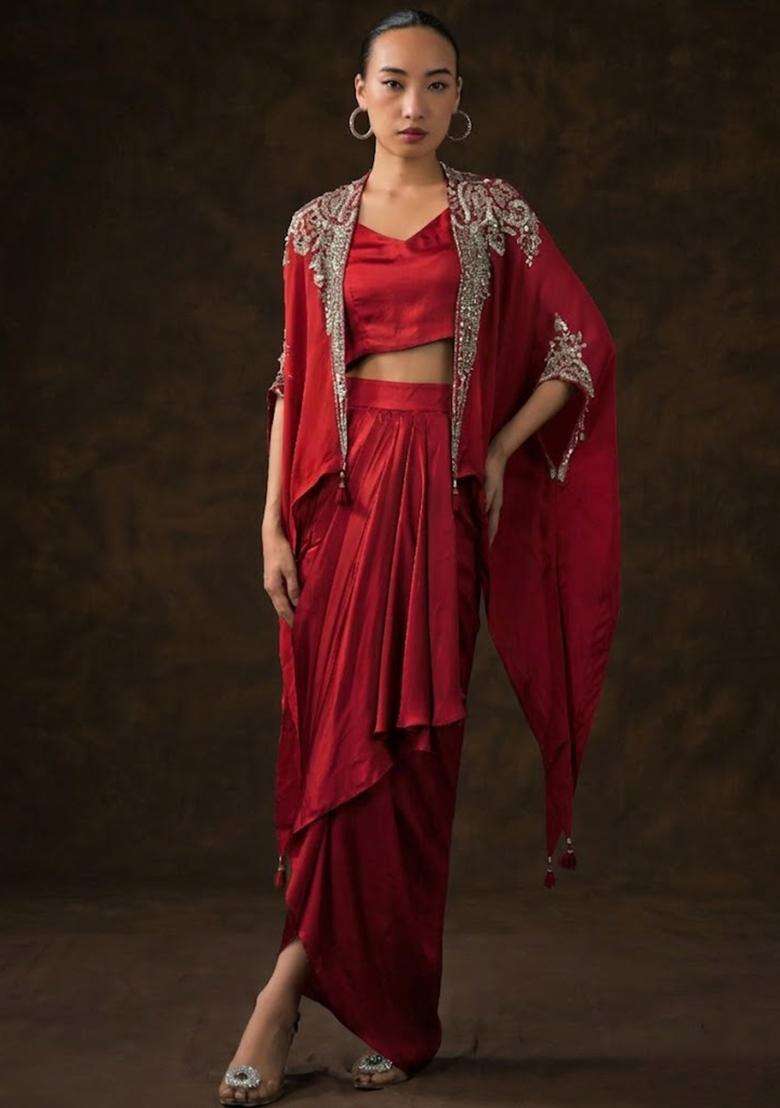 Berry Pink Satin Embellished Handwork Fusion Set - Indya