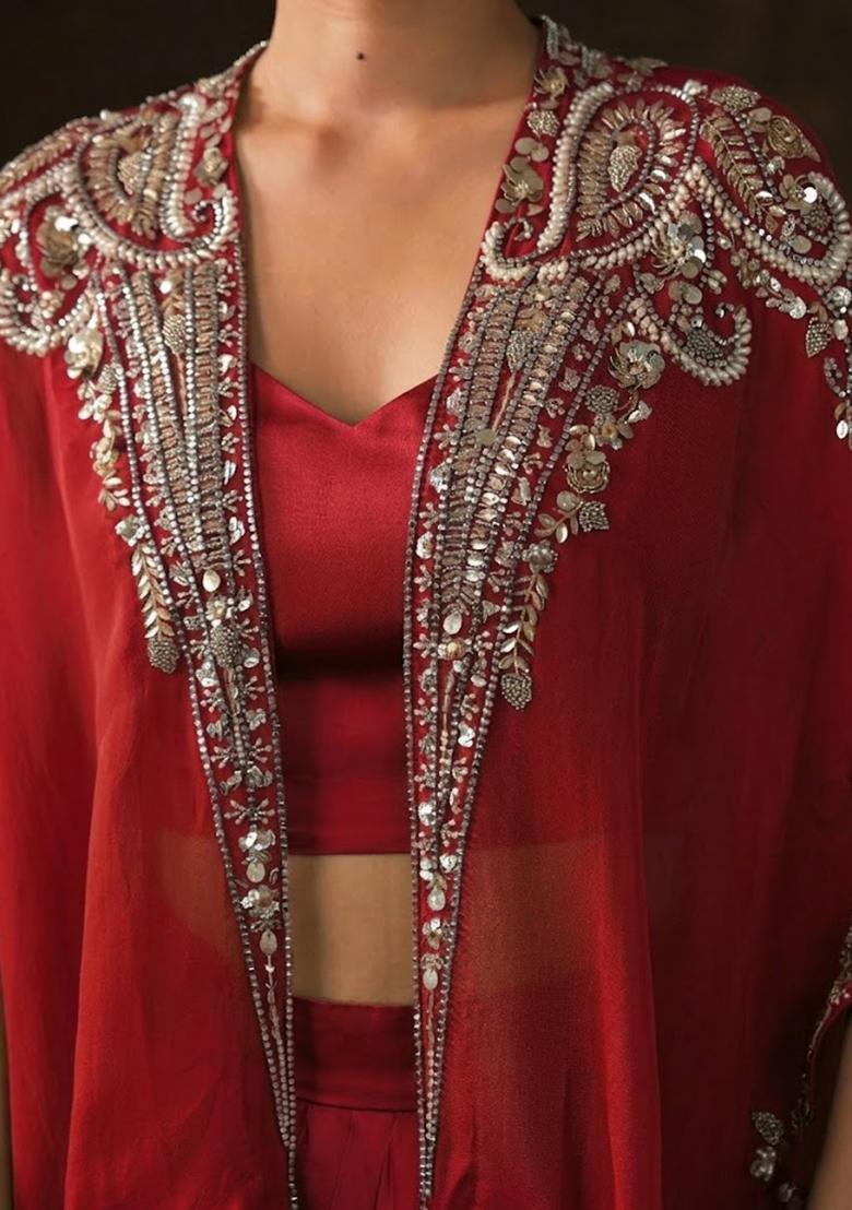 Berry Pink Satin Embellished Handwork Fusion Set - Indya