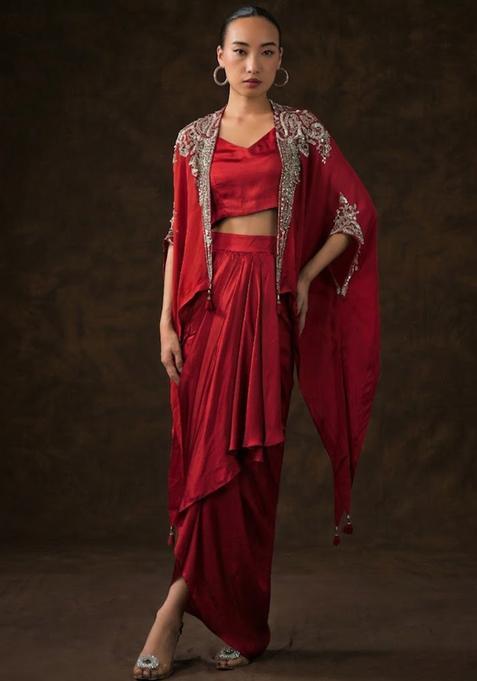 Berry Pink Satin Embellished Handwork Fusion Set