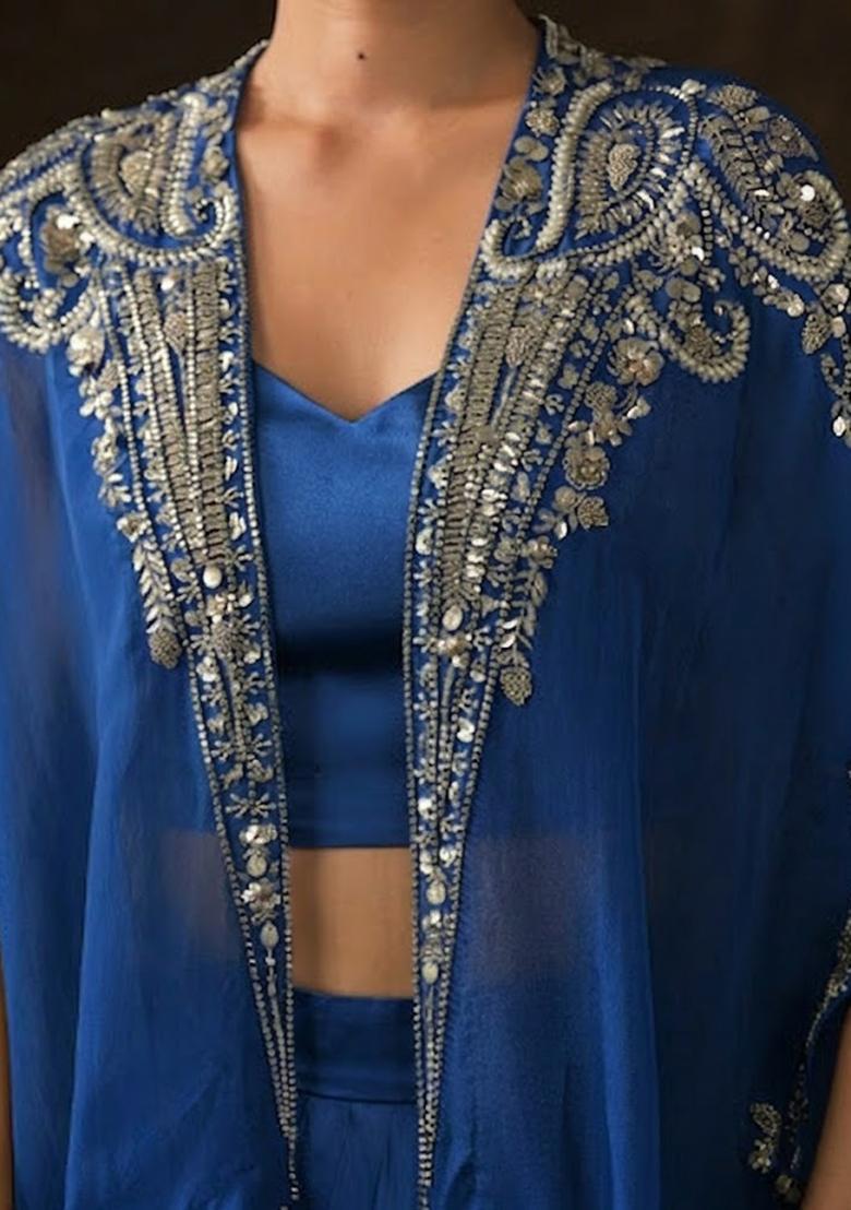 Porcelain Blue Satin Embellished Handwork Fusion Set - Indya