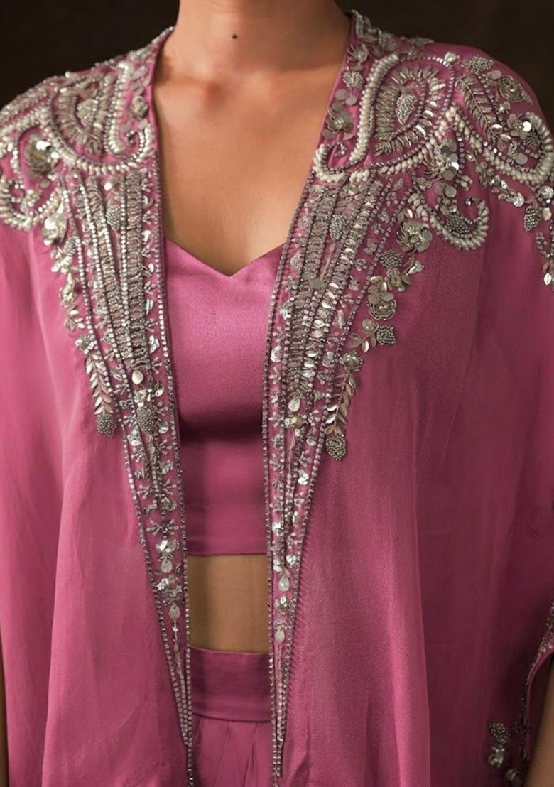 Pink Satin Embellished Handwork Fusion Set - Indya