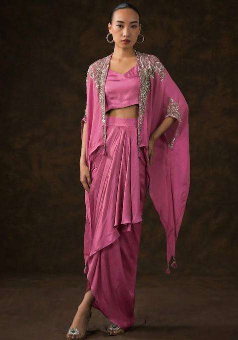 Pink Satin Embellished Handwork Fusion Set