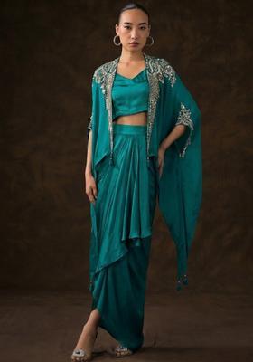 Teal Satin Embellished Handwork Fusion Set