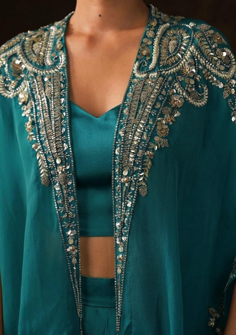 Teal Satin Embellished Handwork Fusion Set - Indya