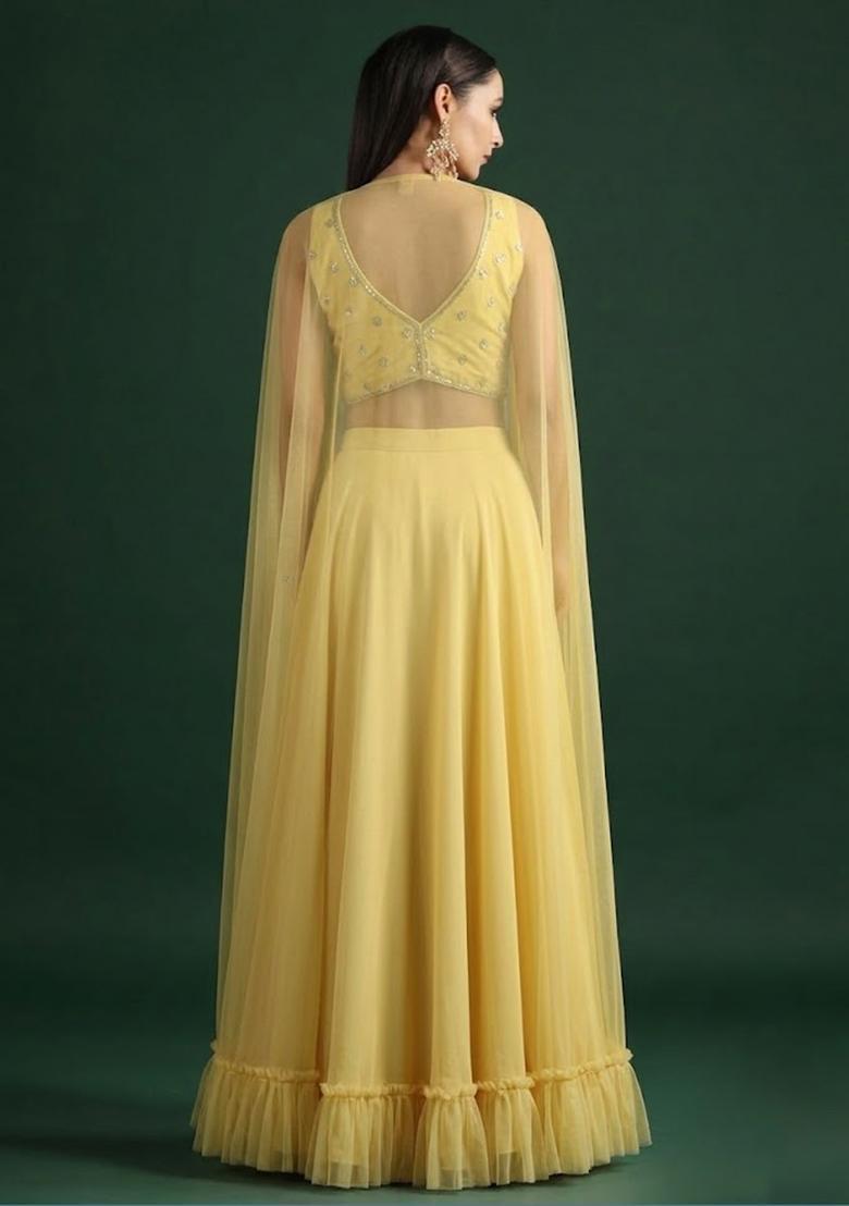 Yellow Crepe Embroidered Handwork Lehenga Set - Indya