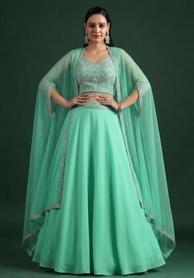 Off White Crepe Embroidered Handwork Lehenga Set