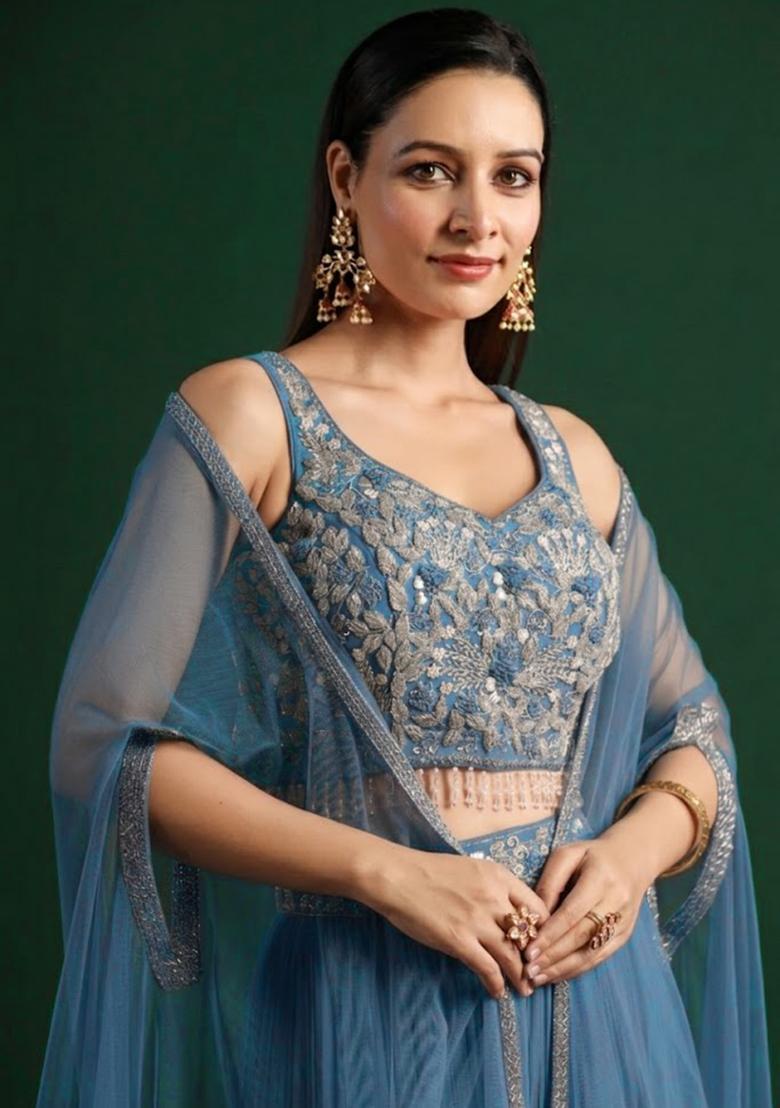 Denim Blue Crepe Embroidered Handwork Lehenga Set - Indya