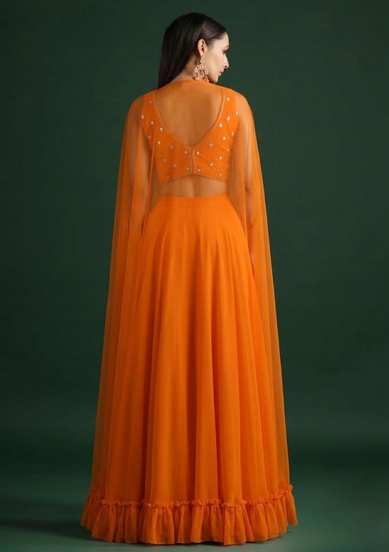 Orange Crepe Embroidered Handwork Lehenga Set - Indya