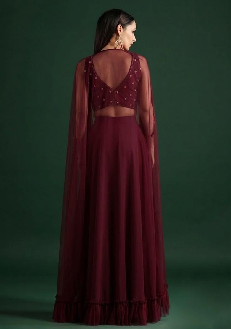 Red Crepe Embroidered Handwork Lehenga Set - Indya