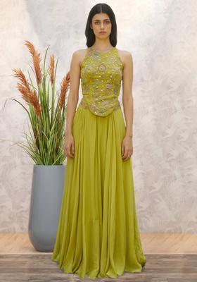 Apple Green Crepe Embroidered Handwork Fusion Set