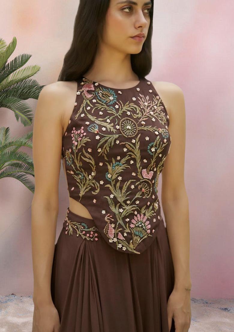 Chestnut Brown Crepe Embroidered Handwork Fusion Set - Indya