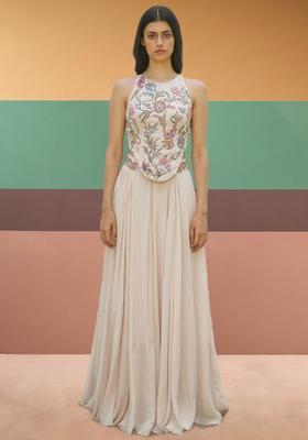 Snow White Crepe Embroidered Handwork Fusion Set
