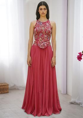 Berry Red Crepe Embroidered Handwork Fusion Set