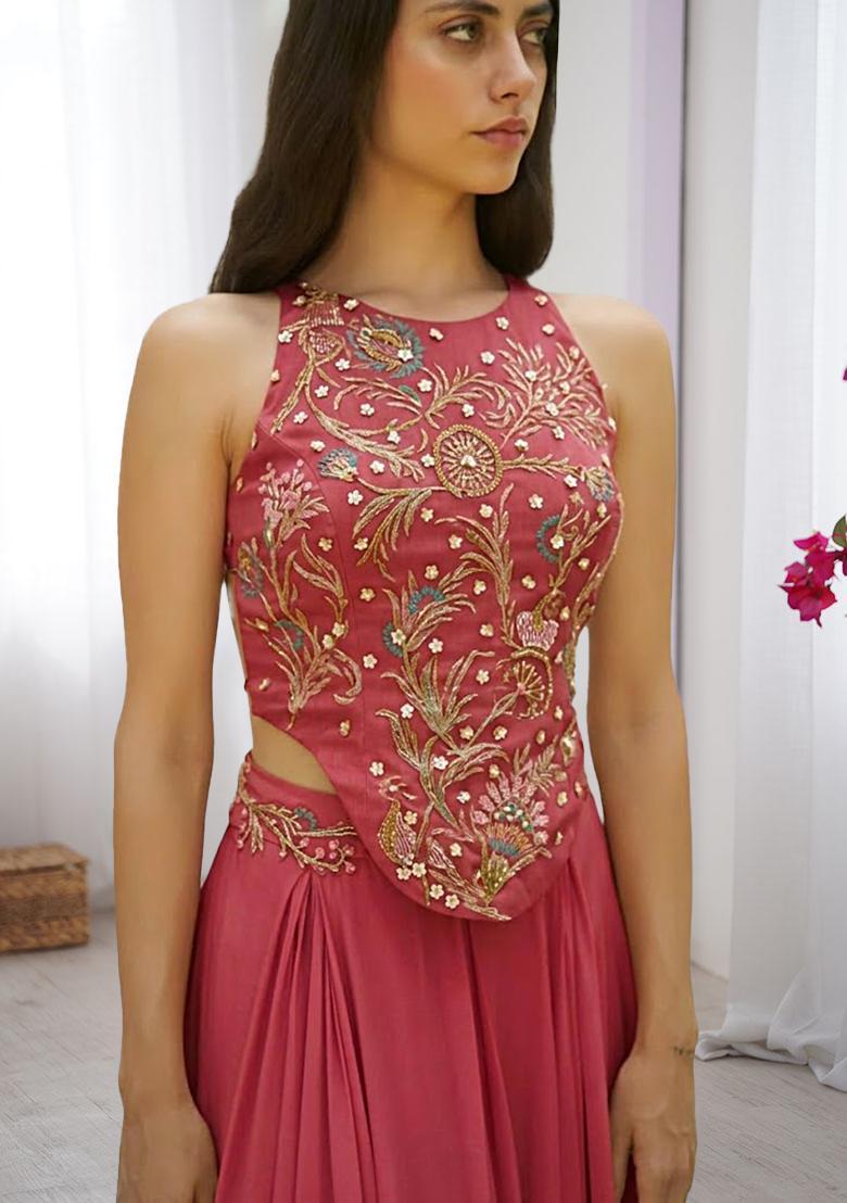 Berry Red Crepe Embroidered Handwork Fusion Set - Indya