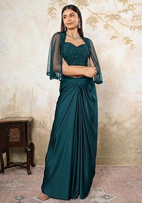 Aqua Blue Satin Embellished Handwork Fusion Set