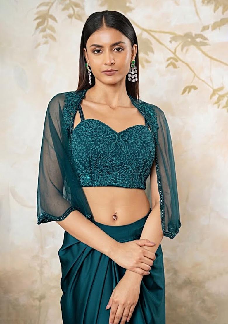 Aqua Blue Satin Embellished Handwork Fusion Set - Indya