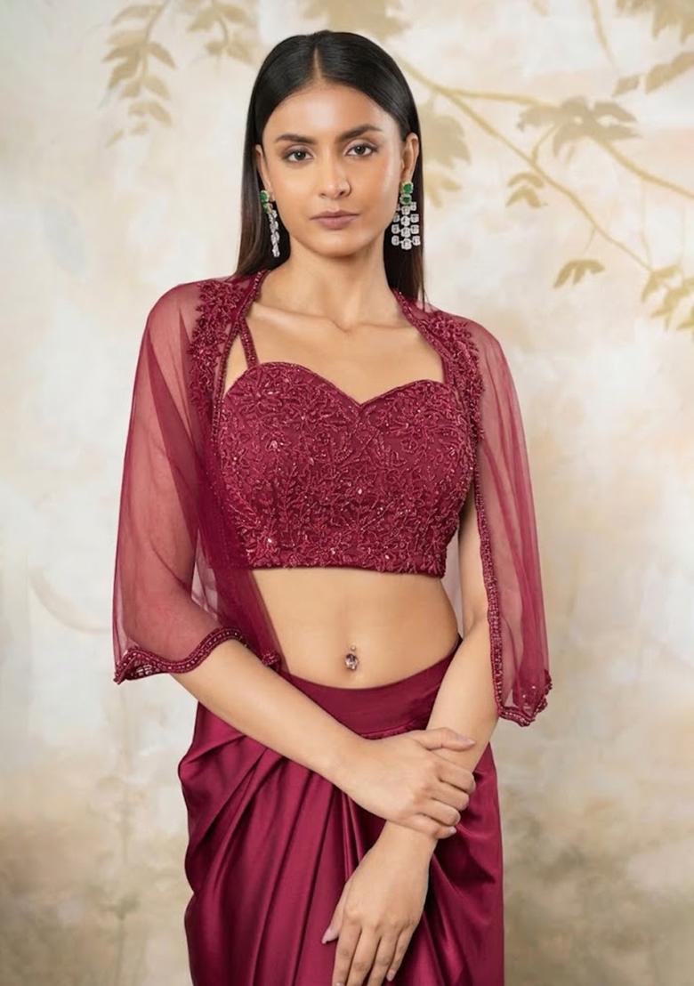 Red Satin Embellished Handwork Fusion Set - Indya
