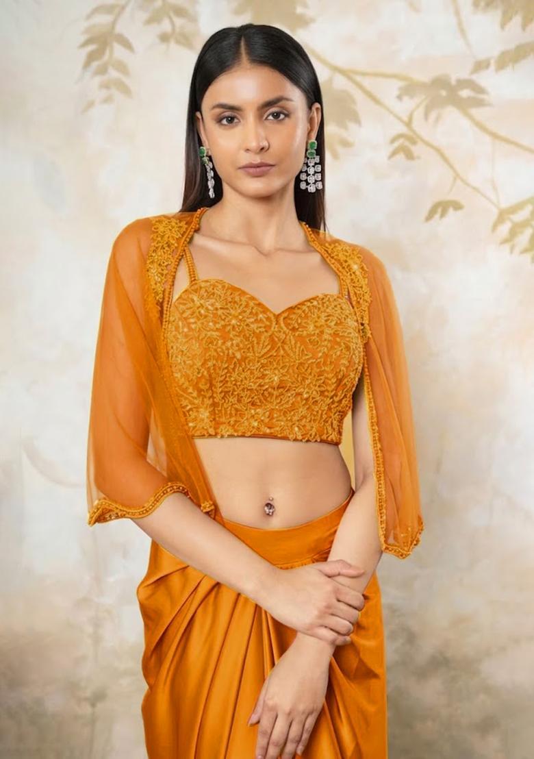 Yellow Satin Embellished Handwork Fusion Set - Indya