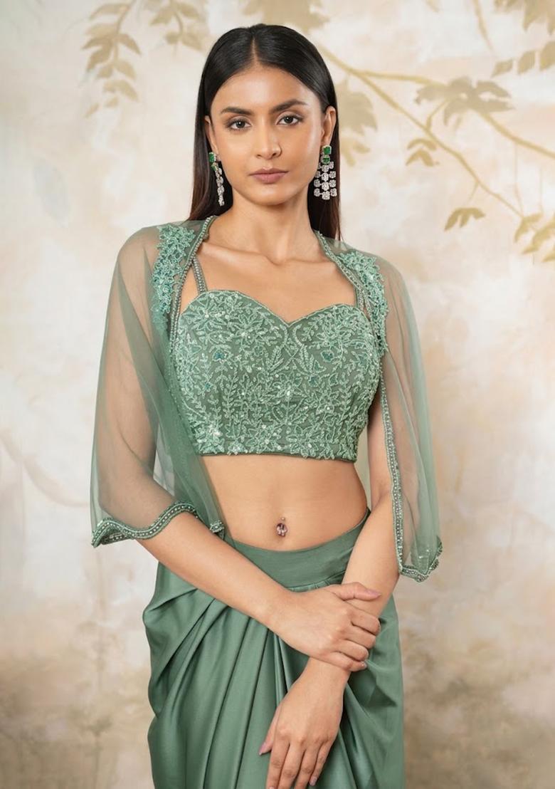 Purple Satin Embellished Handwork Fusion Set - Indya