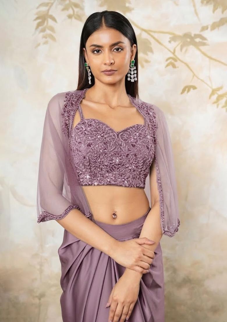 Misty Grey Satin Embellished Handwork Fusion Set - Indya