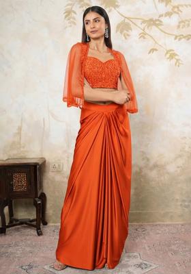 Coral Red Satin Embellished Handwork Fusion Set