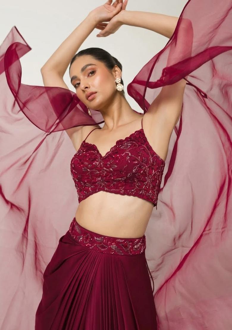 Red Satin Embellished Handwork Fusion Set - Indya