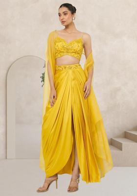 Yellow Satin Embellished Handwork Fusion Set
