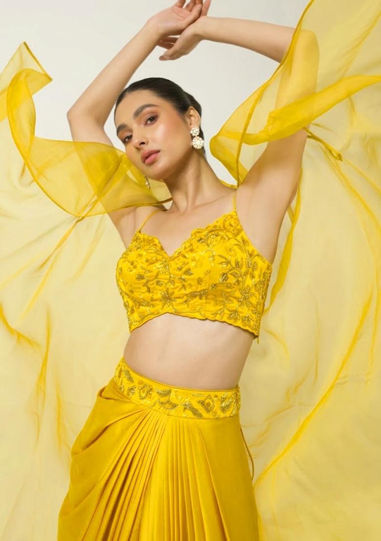Yellow Satin Embellished Handwork Fusion Set - Indya