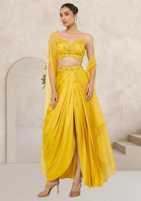 Yellow Satin Embellished Handwork Fusion Set
