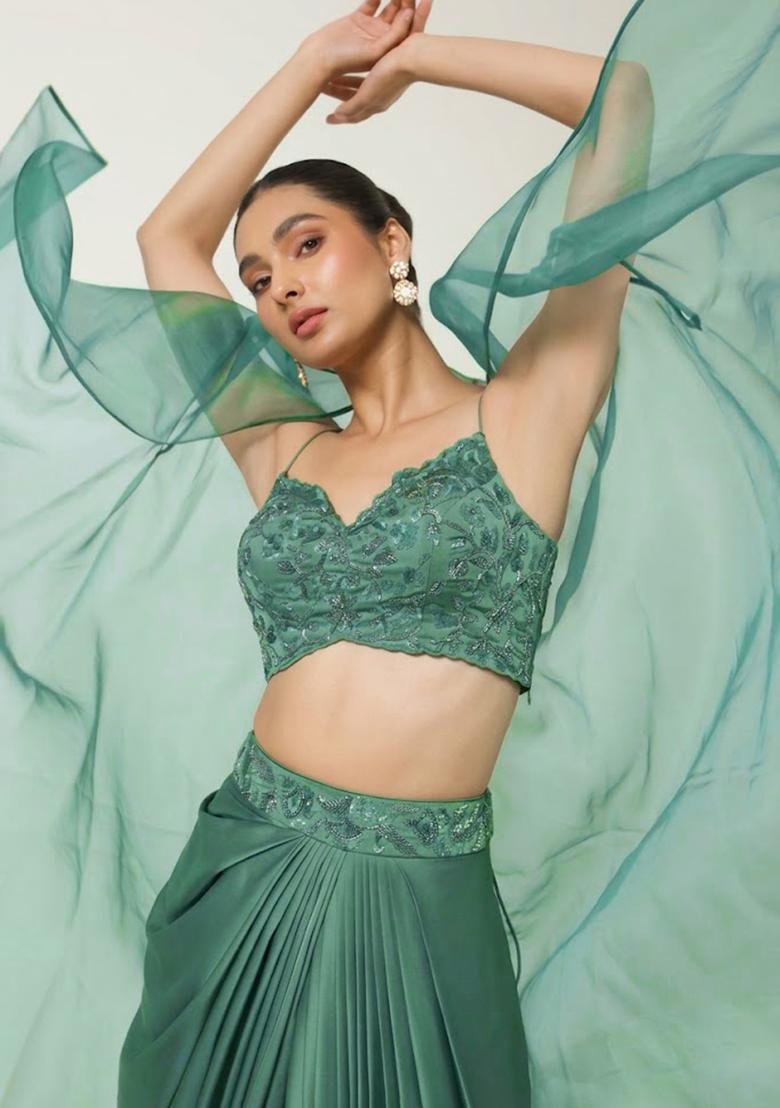 Purple Satin Embellished Handwork Fusion Set - Indya