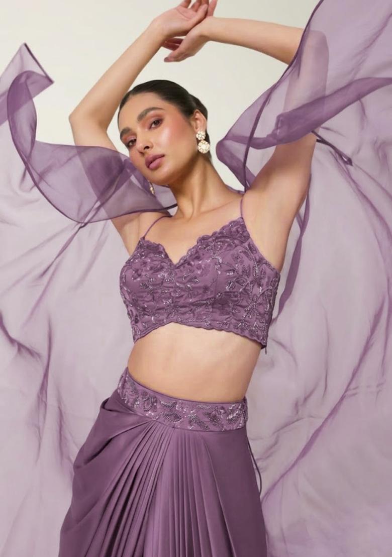 Misty Grey Satin Embellished Handwork Fusion Set - Indya