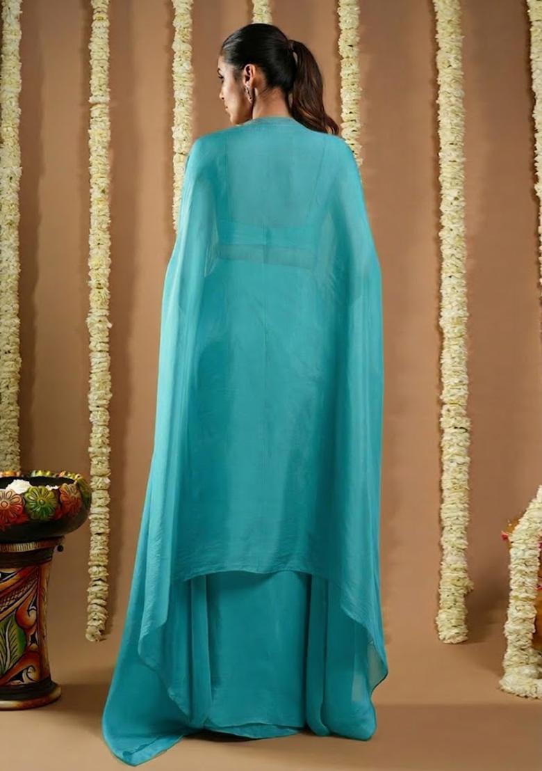 Blue Crepe Embellished Handwork Fusion Set - Indya