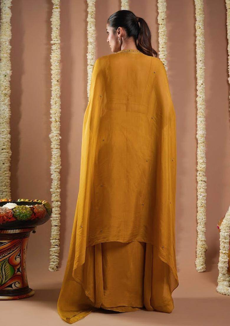 Orange Crepe Embellished Handwork Fusion Set - Indya