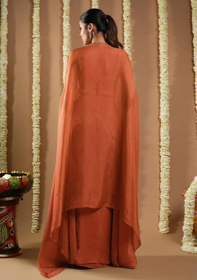Peach Crepe Embellished Handwork Fusion Set - Indya