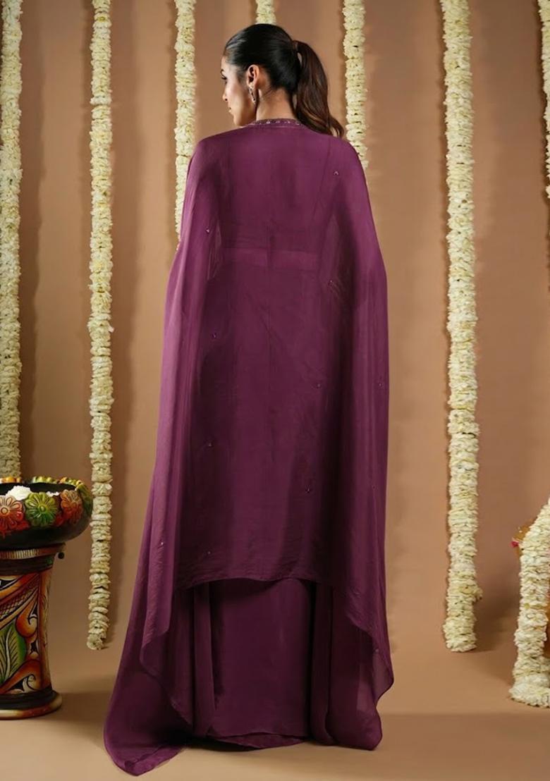 Purple Crepe Embellished Handwork Fusion Set - Indya