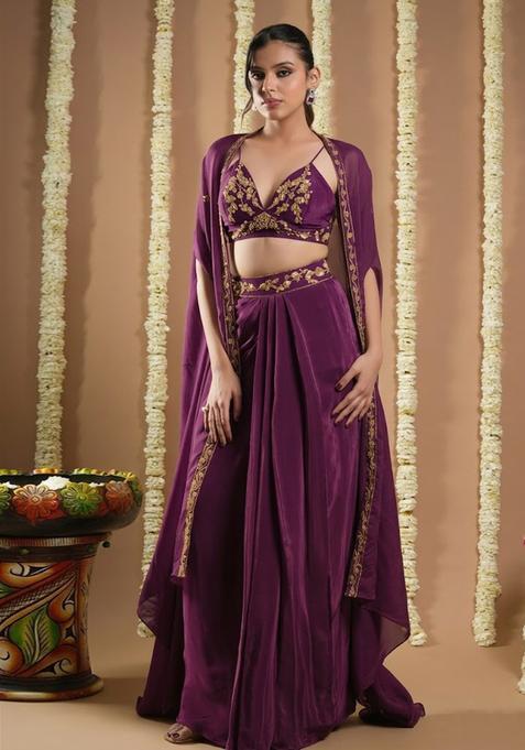 Purple Crepe Embellished Handwork Fusion Set