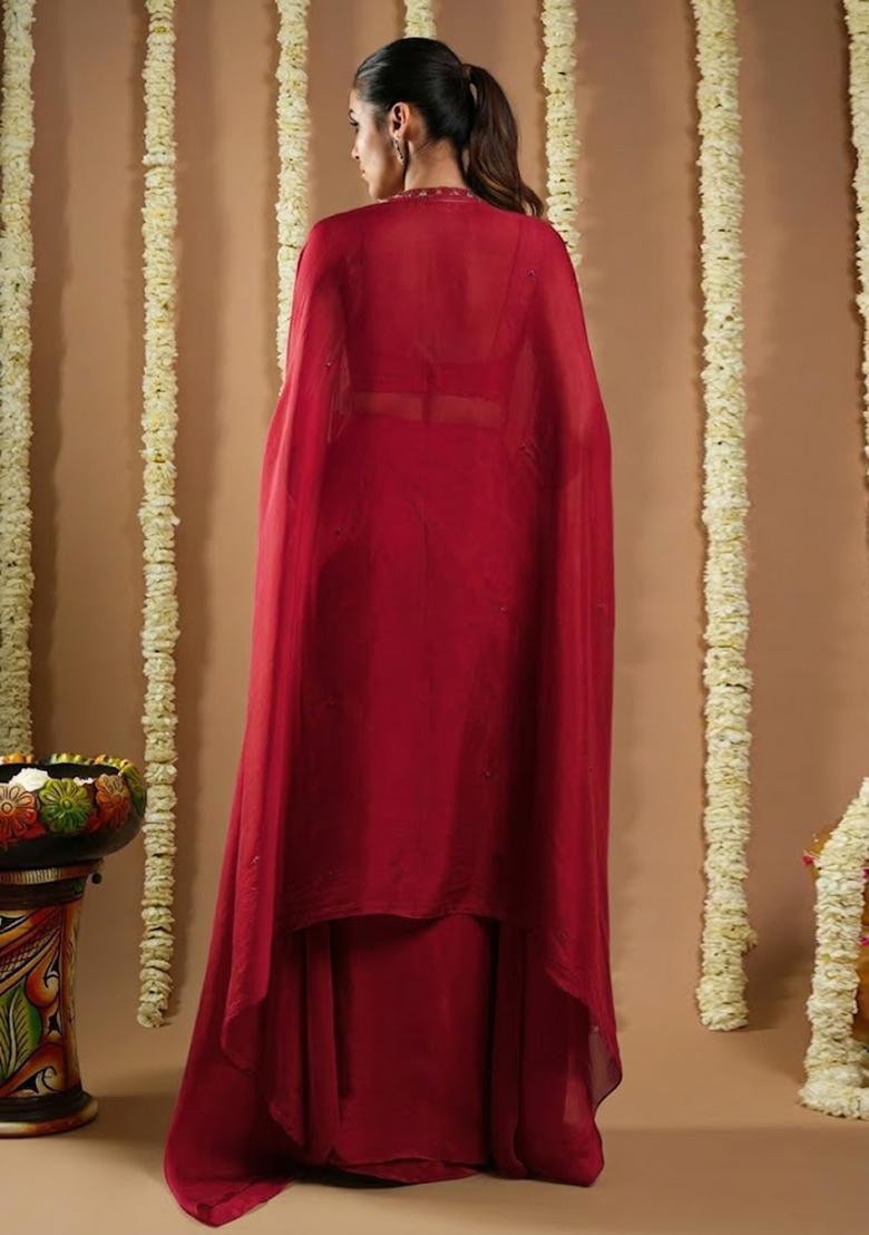 Ice Blue Crepe Embellished Handwork Fusion Set - Indya