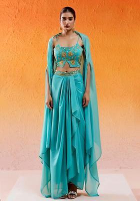 Blue Chinon Embellished Handwork Fusion Set