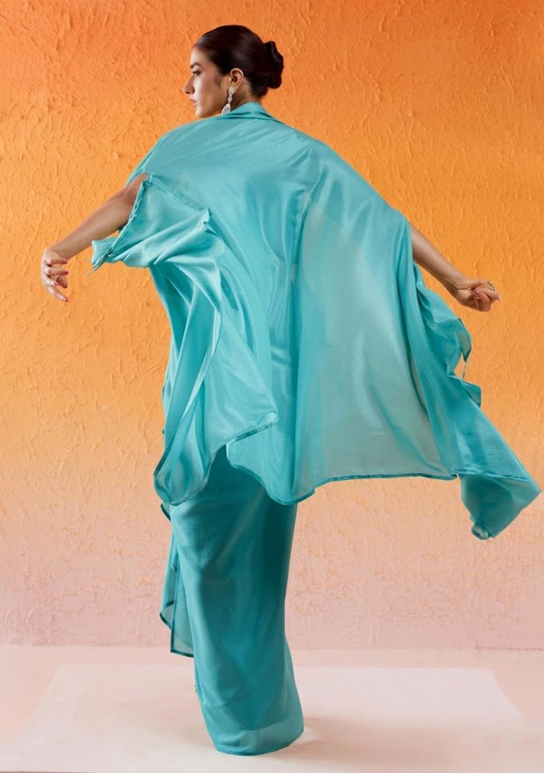 Blue Chinon Embellished Handwork Fusion Set - Indya