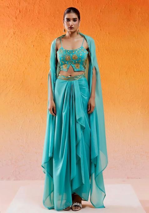 Blue Chinon Embellished Handwork Fusion Set