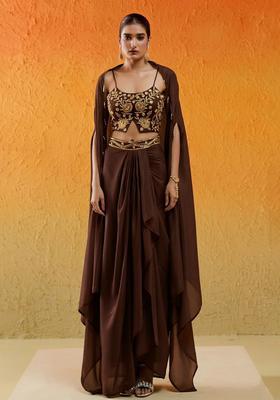 Fudge Brown Chinon Embellished Handwork Fusion Set