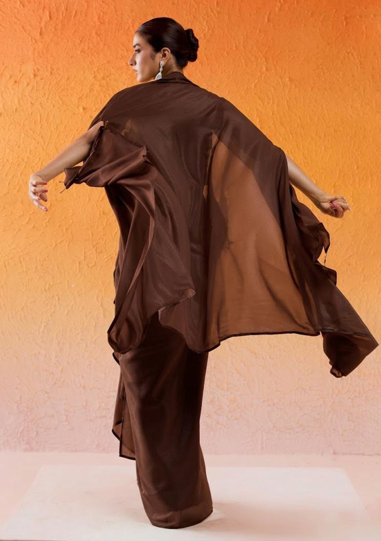 Fudge Brown Chinon Embellished Handwork Fusion Set - Indya