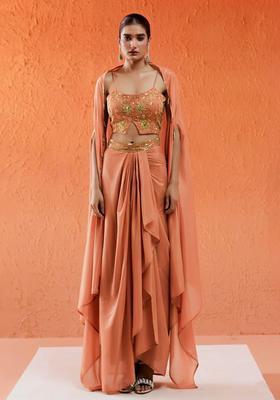 Peach Chinon Embellished Handwork Fusion Set