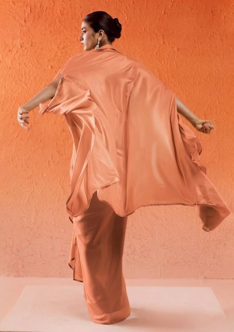 Peach Chinon Embellished Handwork Fusion Set - Indya