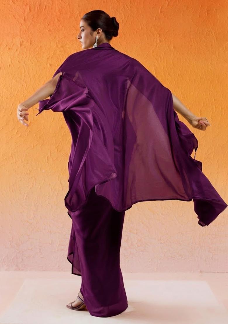 Purple Chinon Embellished Handwork Fusion Set - Indya