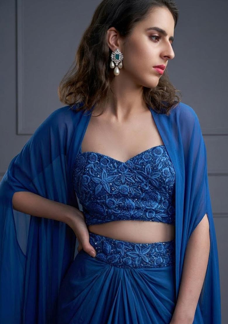 Blue Crepe Embroidered Handwork Fusion Set - Indya