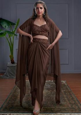 Fudge Brown Crepe Embroidered Handwork Fusion Set