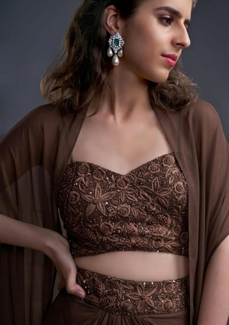 Fudge Brown Crepe Embroidered Handwork Fusion Set - Indya