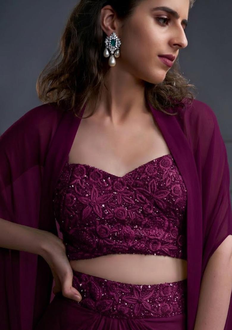 Plum Purple Crepe Embroidered Handwork Fusion Set - Indya