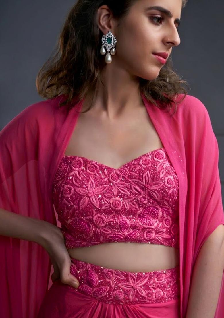 Raspberry Pink Crepe Embroidered Handwork Fusion Set - Indya